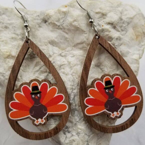 Fall Thanksgiving Turkey Wood Teardrop Earrings - Picture 1 of 2